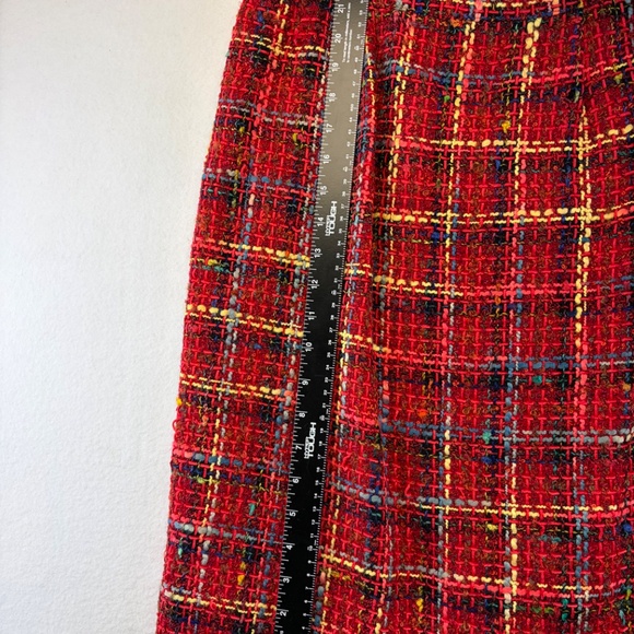 Vintage Women's Skirt Red Boucle Union-Made Wool 10 Plaid Academia Tartan Pencil - Picture 12 of 15